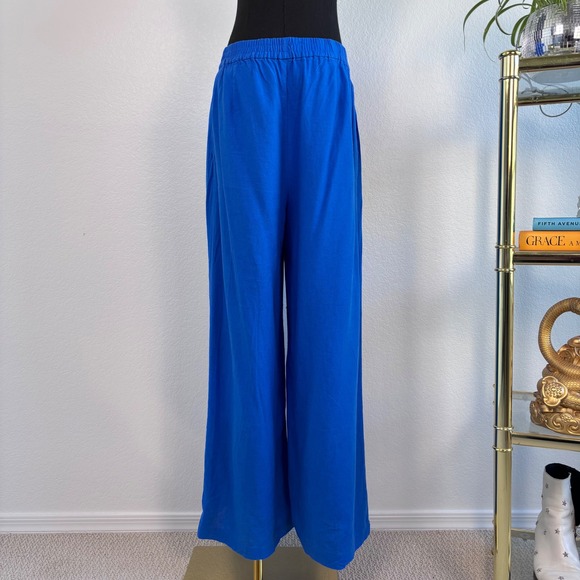 ZARA Linen Blend Wide Leg Palazzo Pants, Size Large, Royal Blue, Elastic Waist - Picture 5 of 16